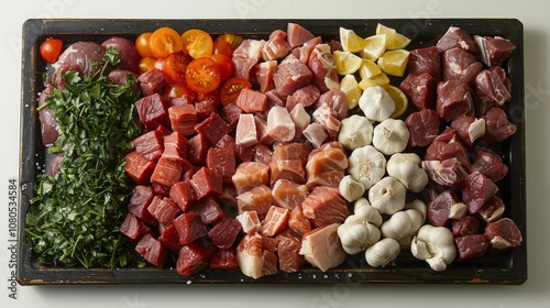 A black chopping board arranged like the Italian flag with meat cuts, veggies, and seasonings gives the impression of a carefully prepared meal setup. photo