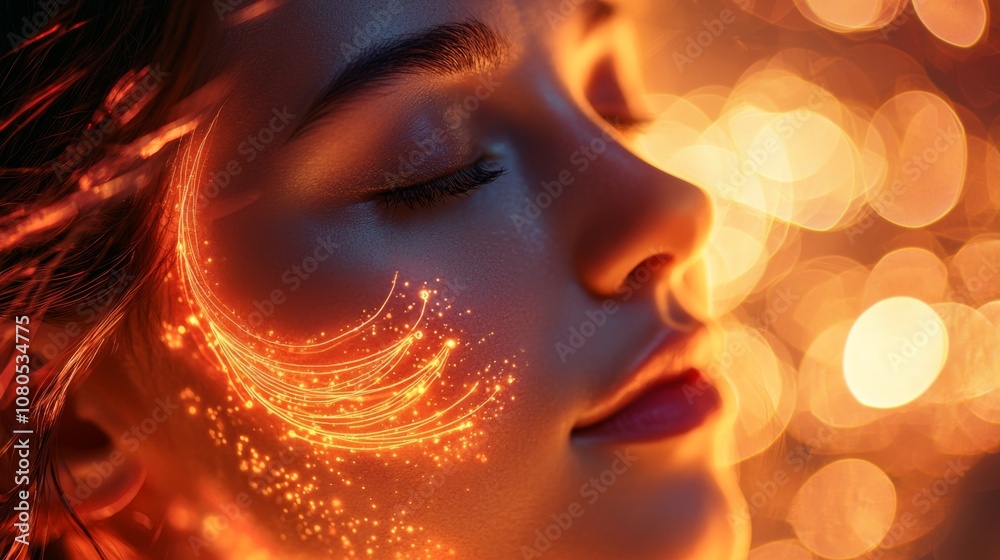 Womans face with glowing chakras in dreamy background Womans face with glowing chakras in dreamy background