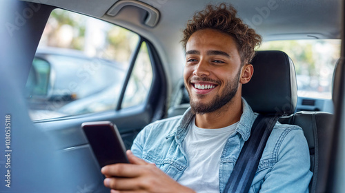 Jeune homme assis à l'arrière d'un taxi smartphone à la main photo