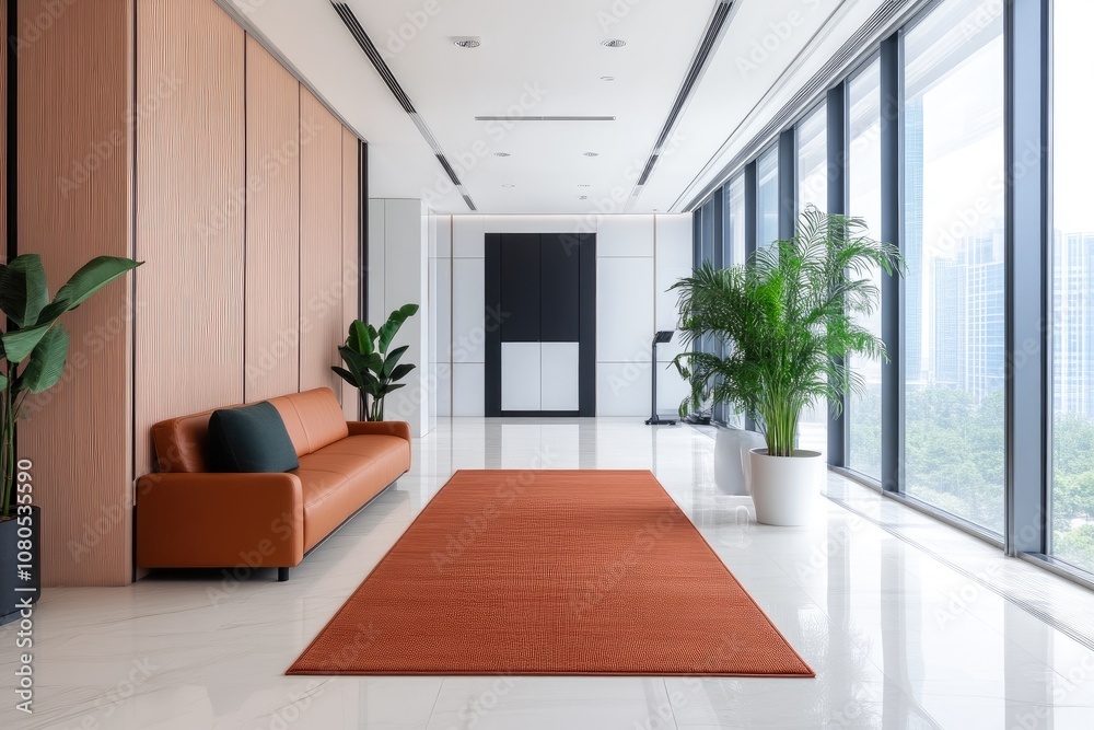 Vacuuming plush rug in sleek office setting Vacuuming plush rug in sleek office setting