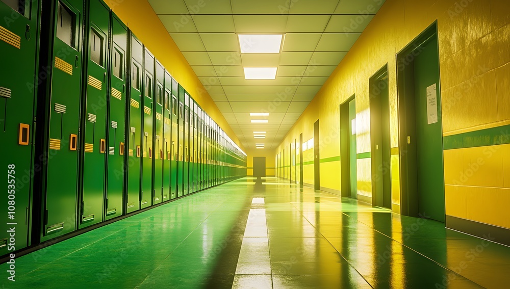 Green and yellow high school hallway with lockers, wide-angle lens. Green and yellow high school hallway with lockers, wide-angle lens.
