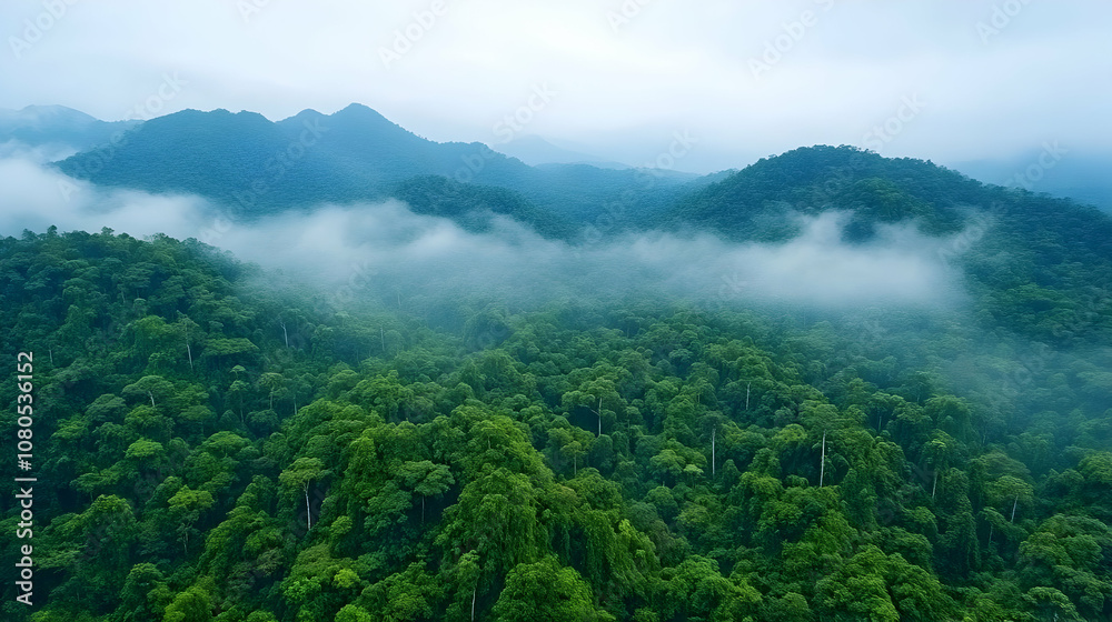 Obraz premium Photo Lush Green Forest Misty Mountains Nature Landscape