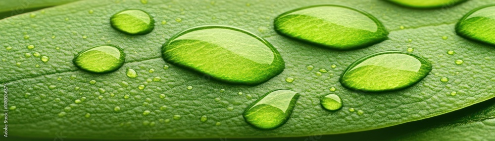Fototapeta premium Close-up of green leaves with water droplets, showcasing nature's beauty and freshness.