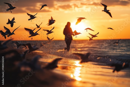 A silhouette runs along the beach at sunset, surrounded by birds in flight, evoking freedom and serenity. photo