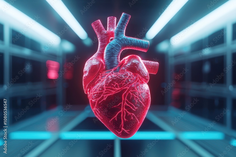 Naklejka premium A digital model of a human heart, floating in mid-air, with glowing holographic layers displaying its inner workings. Medical science, sleek, vibrant.