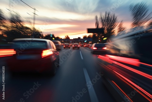 Blurred lights in a hectic rush-hour city street, depicting the fast-paced energy and chaos of urban life today.