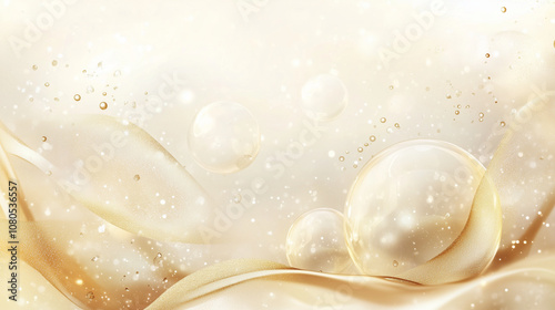 Golden Abstract with Bubbles and Flowing Silk