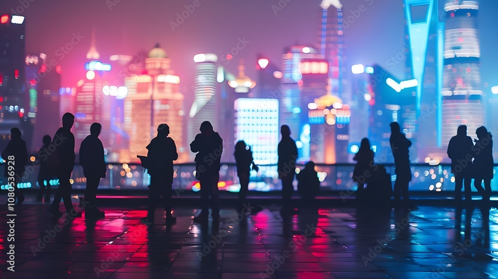 The urban panorama is given depth by the human silhouettes amidst Shanghai's glittering city lights. - The urban panorama is given depth by the human silhouettes amidst Shanghai's glittering city lights. -