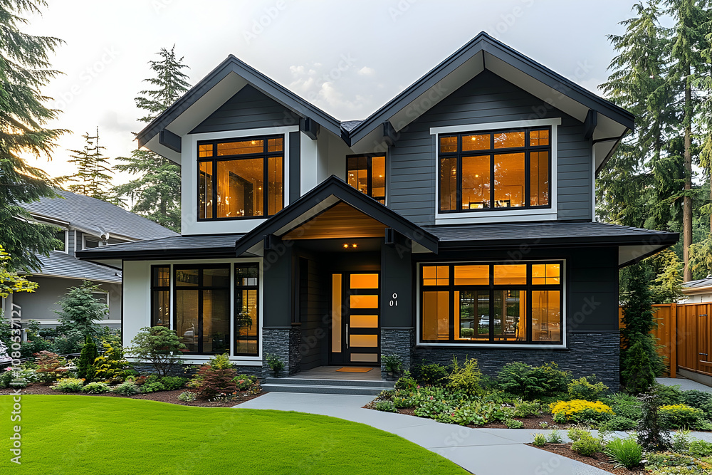 Modern two-story house with a large lawn and walkway.