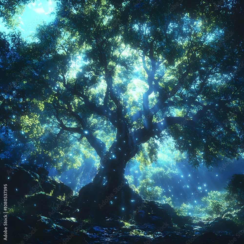 Fototapeta premium Enchanted Forest Illustration - Majestic Tree, Glowing Lights, Lush Greenery