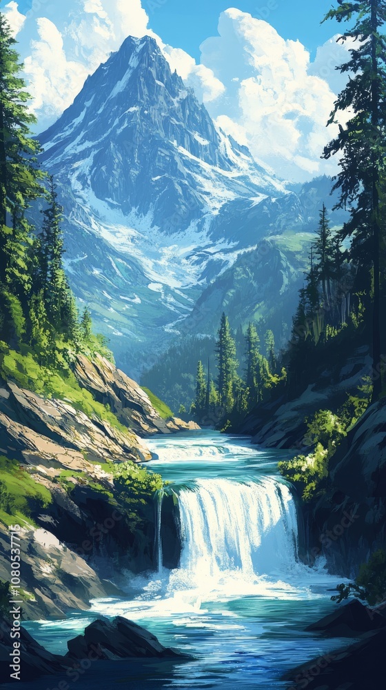 Breathtaking view of a mountain landscape featuring a cascading waterfall surrounded by lush greenery and a clear blue sky. Breathtaking view of a mountain landscape featuring a cascading waterfall surrounded by lush greenery and a clear blue sky.