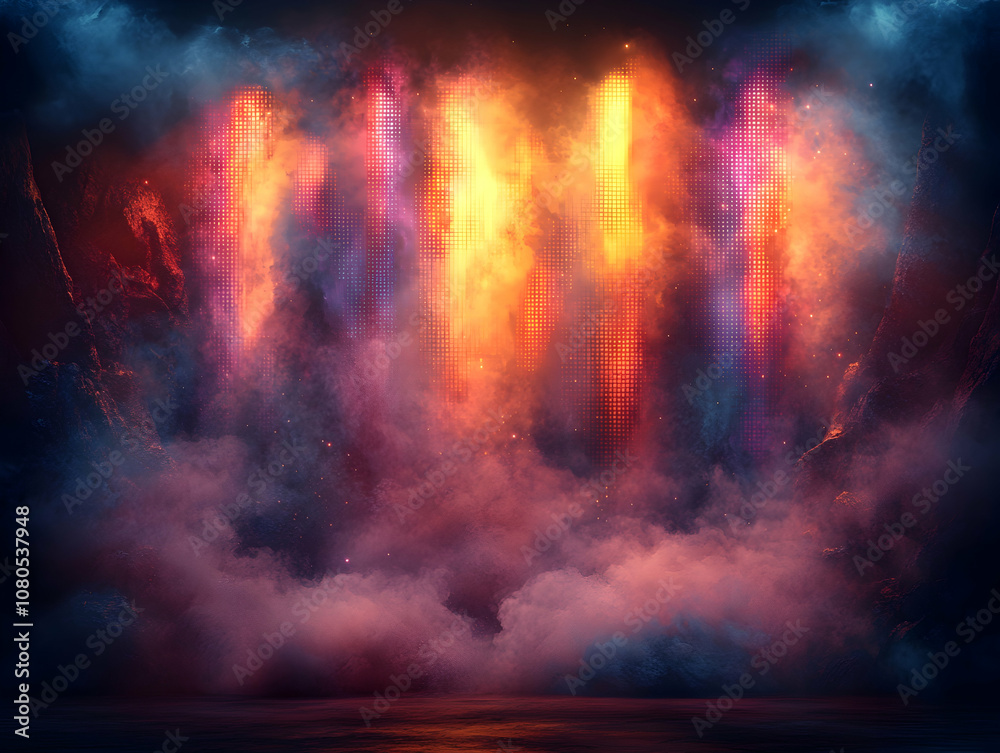 A fantasy landscape with glowing pillars of light emanating from a dark, misty background. A fantasy landscape with glowing pillars of light emanating from a dark, misty background.