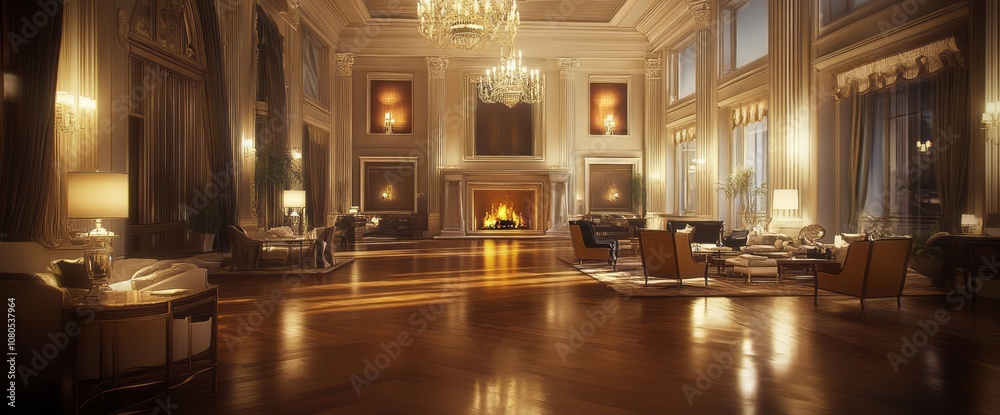 Luxurious Living Room with Fireplace and Golden Accents Luxurious Living Room with Fireplace and Golden Accents