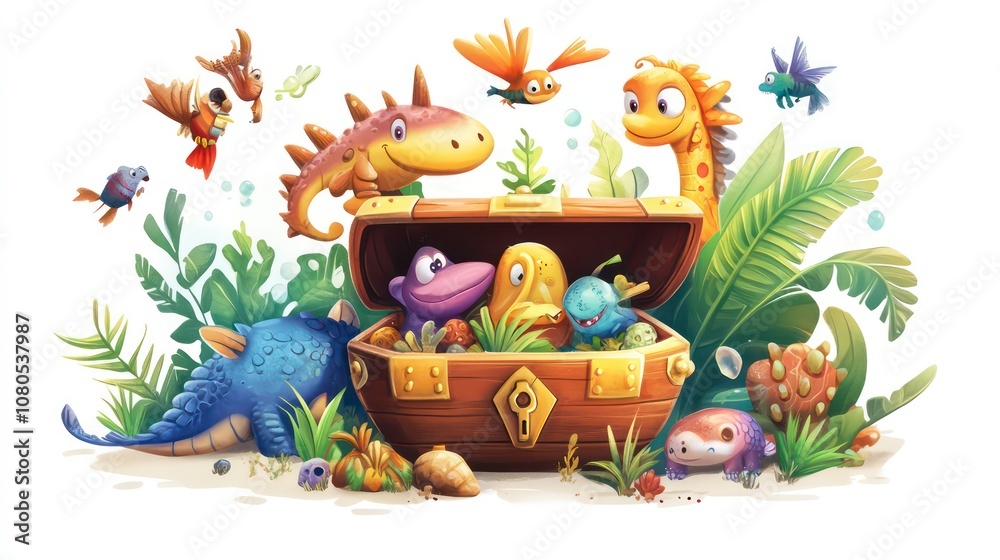 custom made wallpaper toronto digitalA group of cute cartoon dinosaurs and other prehistoric creatures are gathered around an open treasure chest, with birds flying overhead.