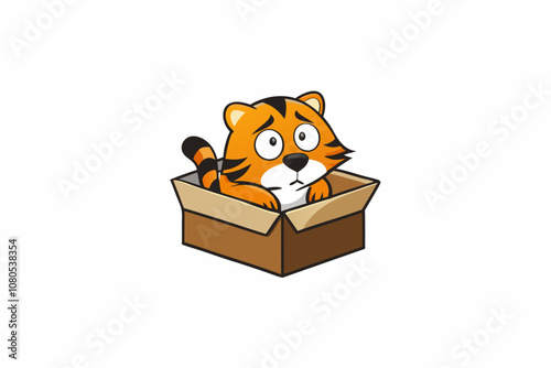 a sad tiger abandoned in a cardboard box, white background, t-shirt design