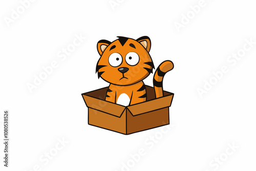 a sad tiger abandoned in a cardboard box, white background, t-shirt design