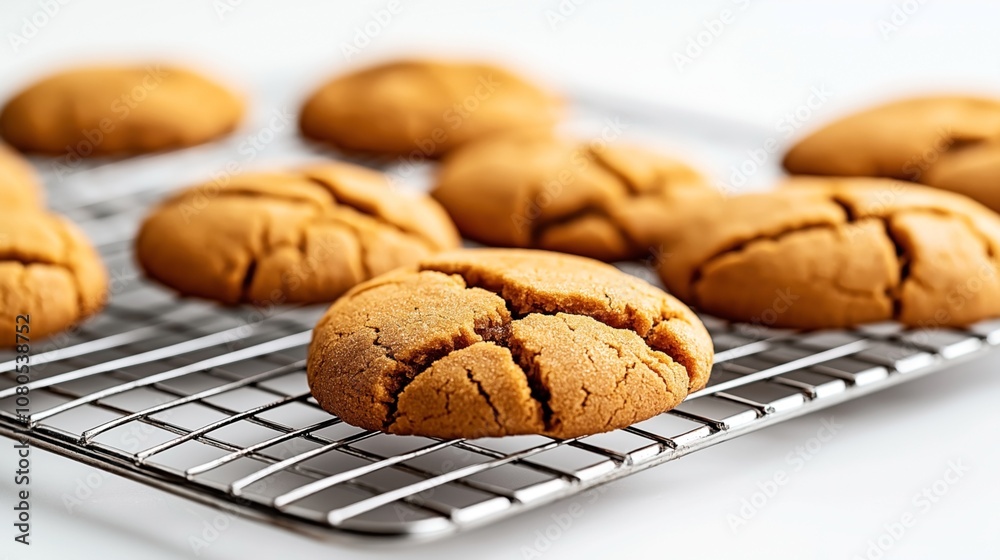 Close-up of freshly baked gingerbread cookies cooling on a metal rack with a cracked, golden-brown surface. Close-up of freshly baked gingerbread cookies cooling on a metal rack with a cracked, golden-brown surface.