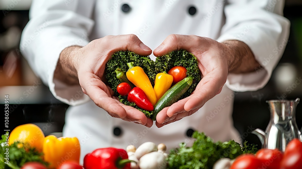 Chef Holding Fresh Vegetables in Heart Shape Surrounded by Colorful Produce and Herbs in a Professional Kitchen Setting Chef Holding Fresh Vegetables in Heart Shape Surrounded by Colorful Produce and Herbs in a Professional Kitchen Setting