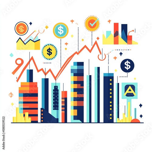 Colorful finance concepts illustrating city buildings with graphs and dollar signs.