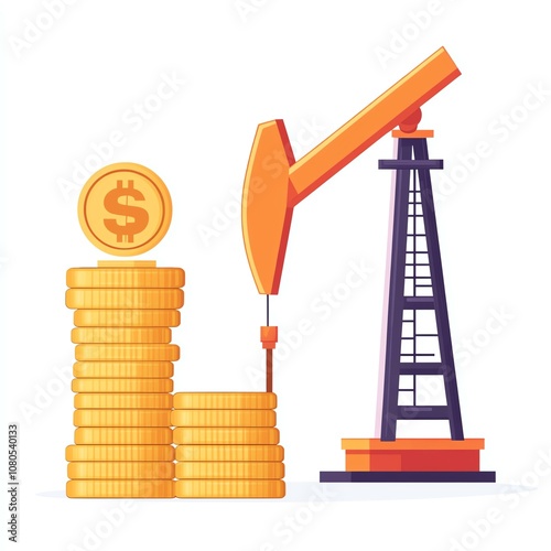 Oil drilling rig with gold coins, representing energy production and financial growth. photo