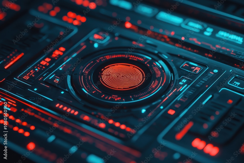 A close-up of a glowing biometric scanner, with a digital fingerprint interface surrounded by holographic security data. Sci-fi, sharp, high contrast. A close-up of a glowing biometric scanner, with a digital fingerprint interface surrounded by holographic security data. Sci-fi, sharp, high contrast.