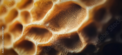 Detailed macro image capturing the textured surface of a human ear, emphasizing the skin structure and hair placement in fine detail, taken from a horizontal perspective for optimal focus. photo