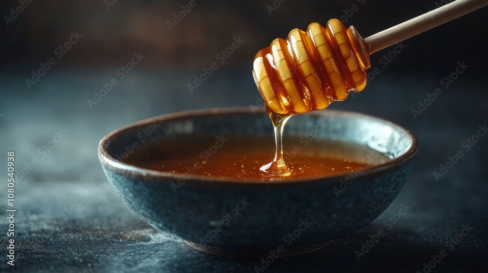 Drizzling golden honey from a wooden dipper into a bowl Drizzling golden honey from a wooden dipper into a bowl