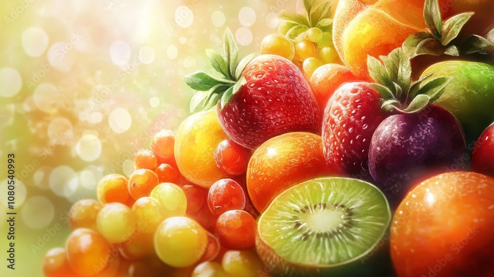 A colorful display of fresh fruits including strawberries, oranges, grapes, and kiwi, beautifully lit in a sunlit setting. A colorful display of fresh fruits including strawberries, oranges, grapes, and kiwi, beautifully lit in a sunlit setting.
