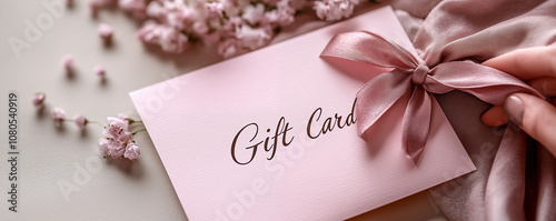 Woman's hand holding elegant pastel rouge gift card. Shallow depth of field. photo