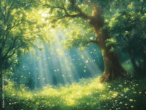 Illustration - Enchanted Forest Sunlight Butterflies Meadow