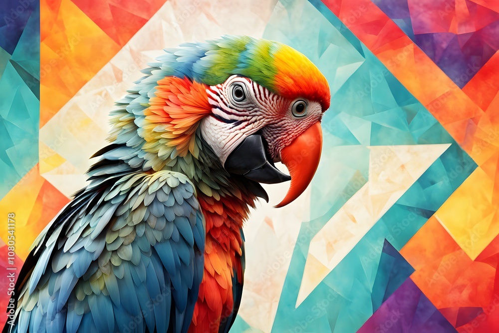 Fototapeta premium A colorful parrot on a bright abstract geometric background, AI Generated