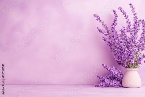 Lavender bouquet in a vase on purple background