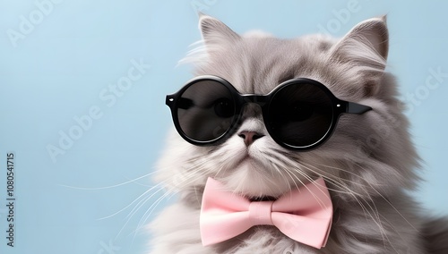Cool Gray Cat with Sunglasses and Pink Bow Tie on Blue Background