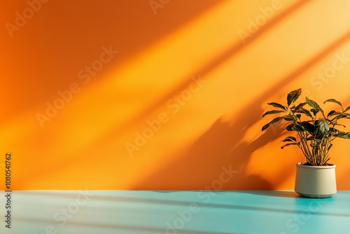Plant on colorful table, vibrant wall background