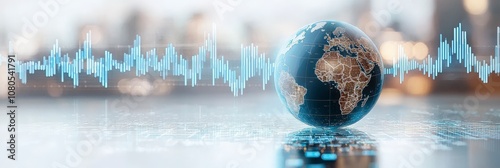 A glowing world globe centered among economic charts, emphasizing global economic interactions and the significance of digital financial data in a modern setting. photo