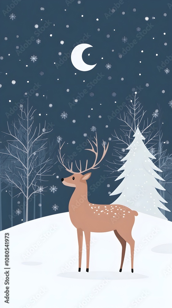 Flat vector illustration of deer in winter forest, simple shapes, simple flat style, white background Flat vector illustration of deer in winter forest, simple shapes, simple flat style, white background