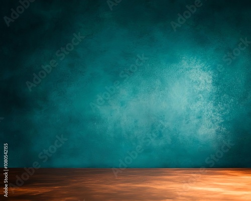 Textured teal background with wooden floor