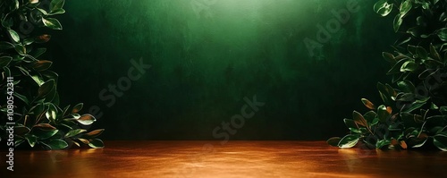 Wooden surface with green leaves background.