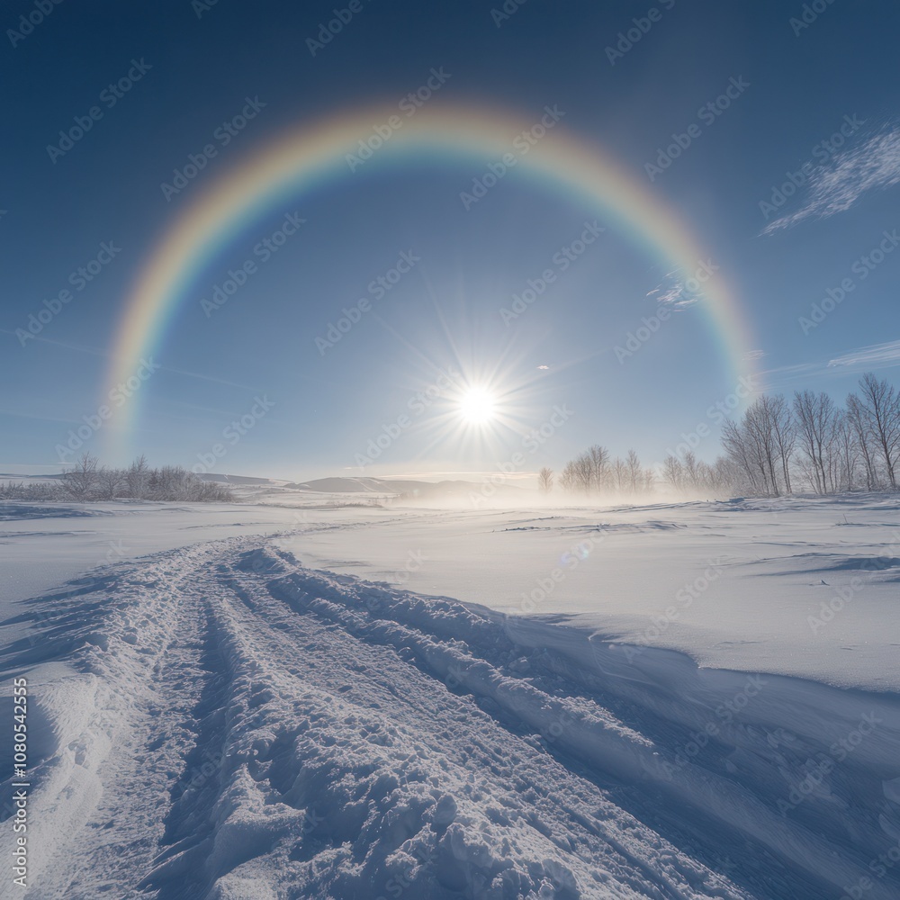 A snowy landscape with a halo around the sun and a path in the foreground. A snowy landscape with a halo around the sun and a path in the foreground.