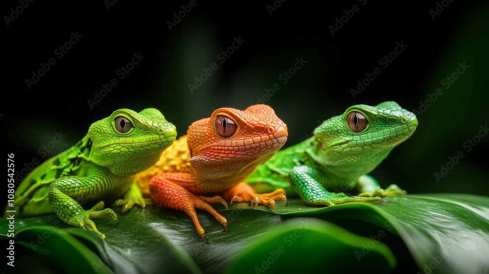 Fototapeta premium Vibrant tree frogs perched on lush green leaves