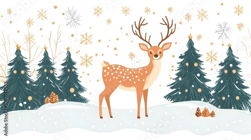 Flat vector illustration of deer in winter forest, simple shapes, simple flat style, white background