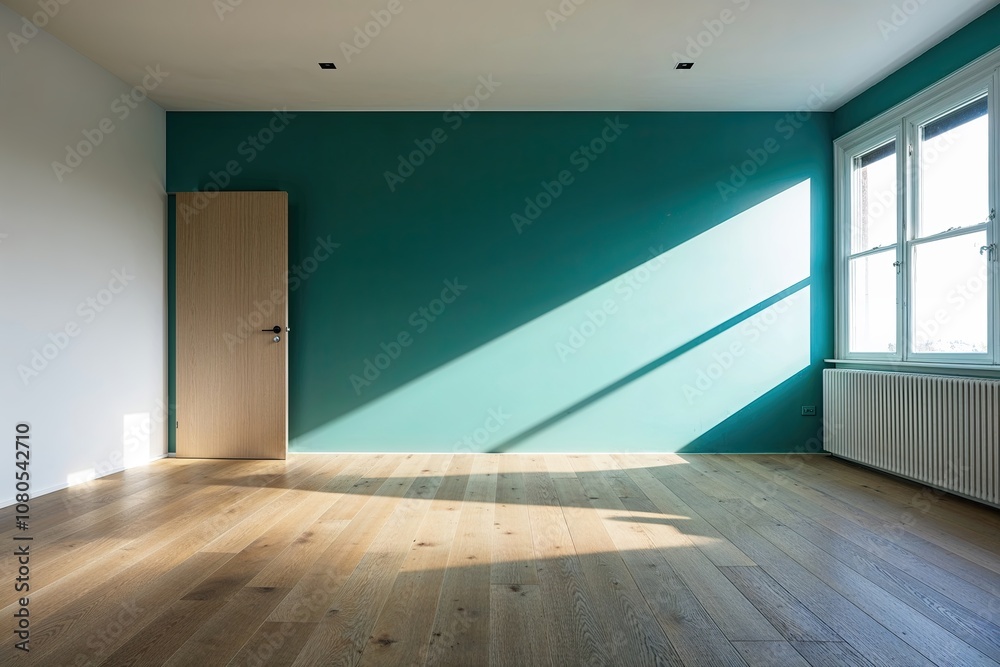 Tranquil Blue Walls and Stylish Oak Flooring Bathed in Sunlight in a Minimalist Home Decor Tranquil Blue Walls and Stylish Oak Flooring Bathed in Sunlight in a Minimalist Home Decor