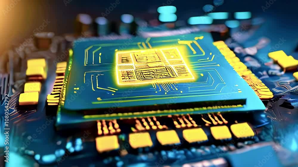 Close-up of a computer chip with glowing circuits on a motherboard.