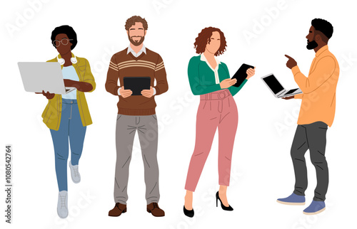 Business people working at laptop. Different men, women wearing smart casual office outfits standing with computer. Vector realistic illustration isolated on transparent background.