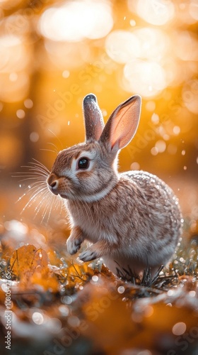 A cute brown bunny rabbit stands in the golden light of the setting sun.