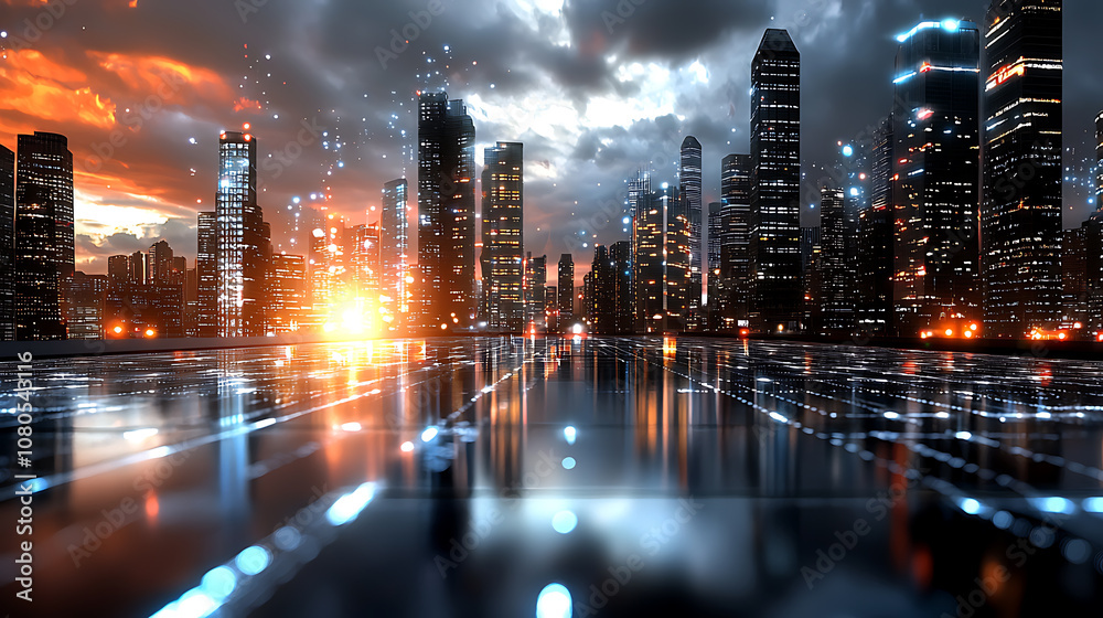 Fototapeta premium Urban solar investment growth city skyline digital landscape evening ambiance futuristic perspective renewable energy concept