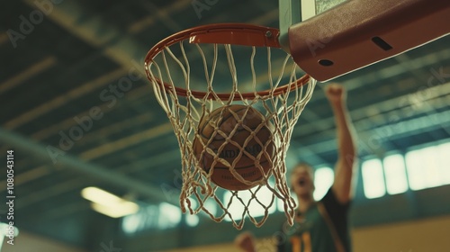 A basketball goes through the net as a player celebrates in the background.