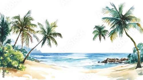 Watercolor Painting of Tropical Beach with Palms on Sunny Day, Summer Holiday Vacation Illustration, Ocean Scene for Logo or T-Shirt Design, Relaxing Coastal Landscape, Isolated on White Background