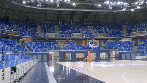Empty Basketball Court - 4K - Arena, Stadium, Indoors, Game, Competition, Athletic, Exercise, Fitness, Hoop, Net, Bleachers, Seats, No People, Wide Shot