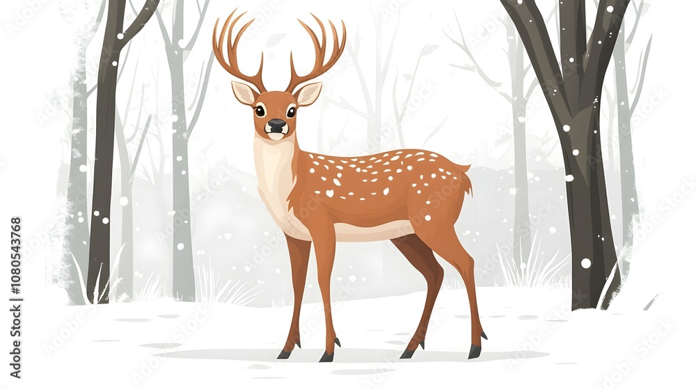 Flat vector illustration of deer in winter forest, simple shapes, simple flat style, white background Flat vector illustration of deer in winter forest, simple shapes, simple flat style, white background